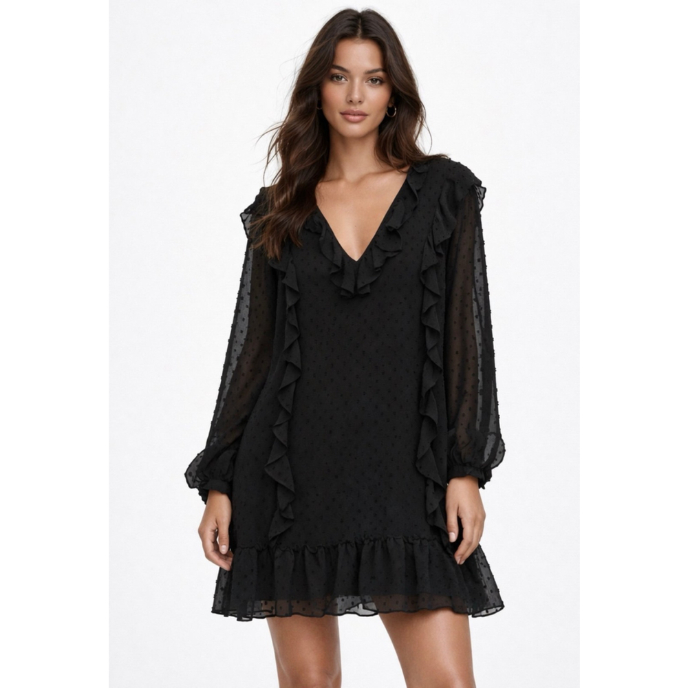NWT ZARA Plumetis Black Ruffle Blouse Dress